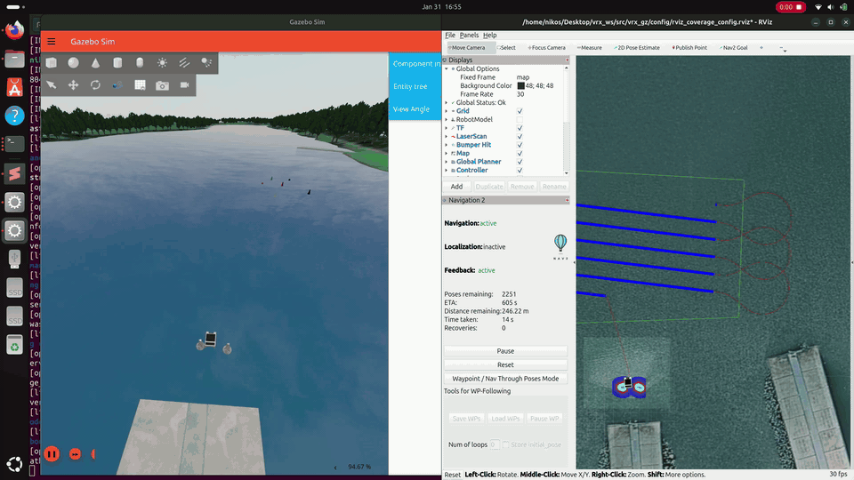ROS2 closed-loop simulation of Trash Feaster with Nav2, RViz, and DPilot waypoint mission coverage